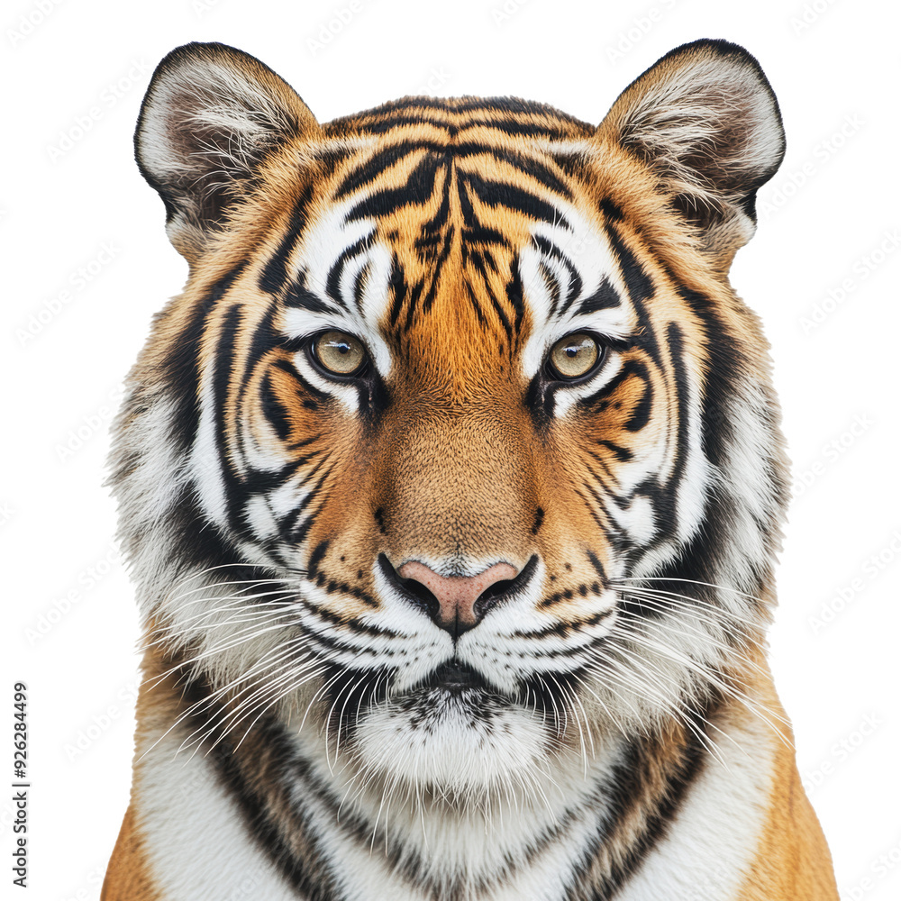 Fototapeta premium PNG A close-up of a Bengal tiger looking directly at the camera with its striking facial patterns against a plain background