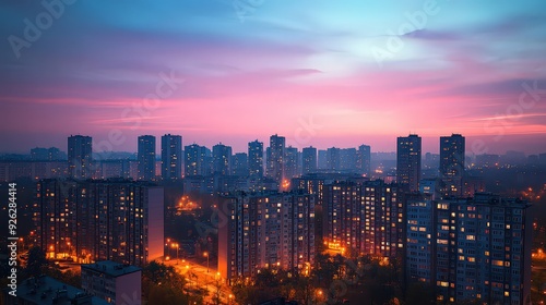  cityscape at dusk with buildings illuminated by the warm glow of streetlights and the fading light of the day.