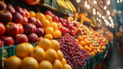 colorful fruit market stall overflowing with fresh produce, including apples, oranges, and bananas.