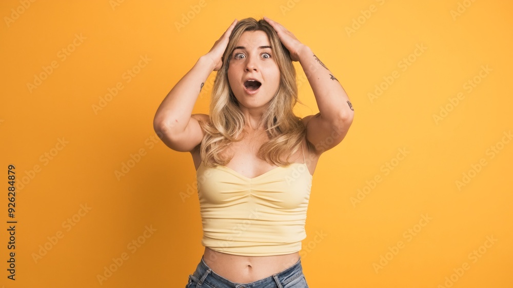 Smiling young woman standing with widened eyes on yellow background Smiling young woman standing with widened eyes on yellow background