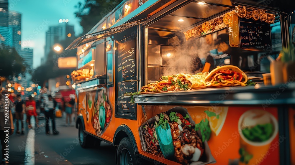 Obraz premium vibrant food truck serving customers on a busy city street, with colorful signage and delicious smells