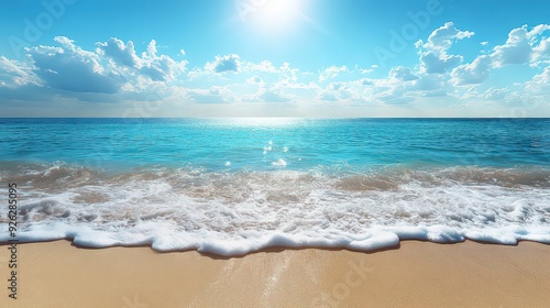 pristine beach bathed in the bright midday sun, with shimmering blue water and a clear sky overhead.