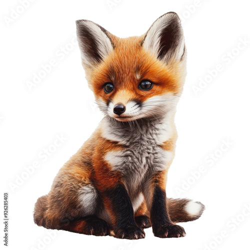 PNG A young fox sits calmly, showcasing its fluffy fur and curious expression in a bright, natural setting