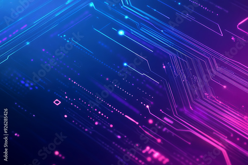 Futuristic vector illustration of an abstract circuit board with neon blue and purple gradients, showcasing intricate digital patterns and tech elements