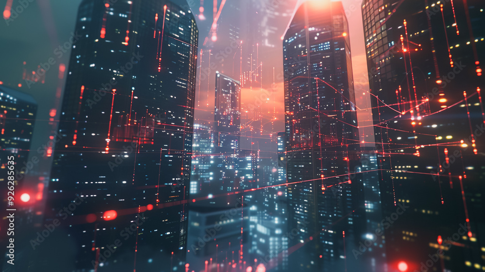 Fototapeta premium Smart digital Innovation city with connection network reciprocity over the cityscape. of future smart wireless digital city and social media networking systems that connects people with in city