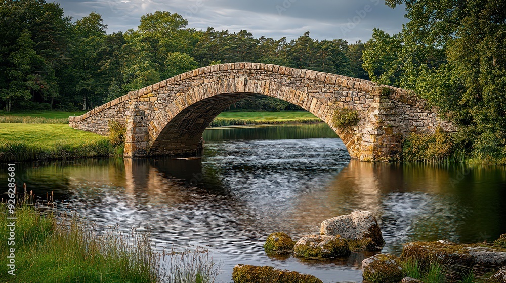 historic stone bridge arching over a calm river, surrounded by greenery and picturesque views. historic stone bridge arching over a calm river, surrounded by greenery and picturesque views.