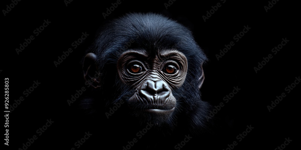 Photo of a baby gorilla isolated against a black background, emphasising the baby gorilla's majestic features. Wildlife and conservation concept, space for copy.
