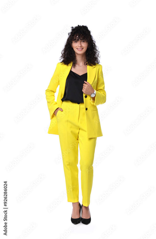 Beautiful young woman in stylish yellow suit isolated on white Beautiful young woman in stylish yellow suit isolated on white