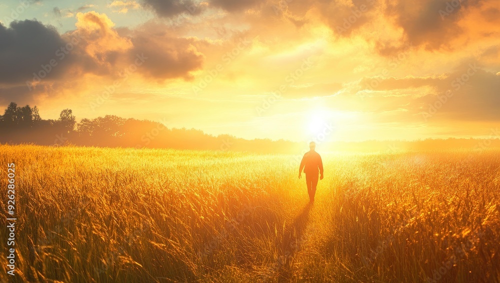 Fototapeta premium Silhouette walks toward sunset through tall grass.