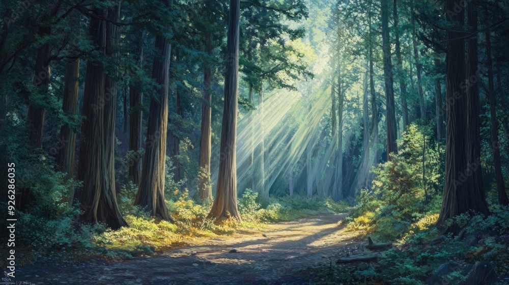 Fototapeta premium Sunbeams illuminating a path through a dense redwood forest