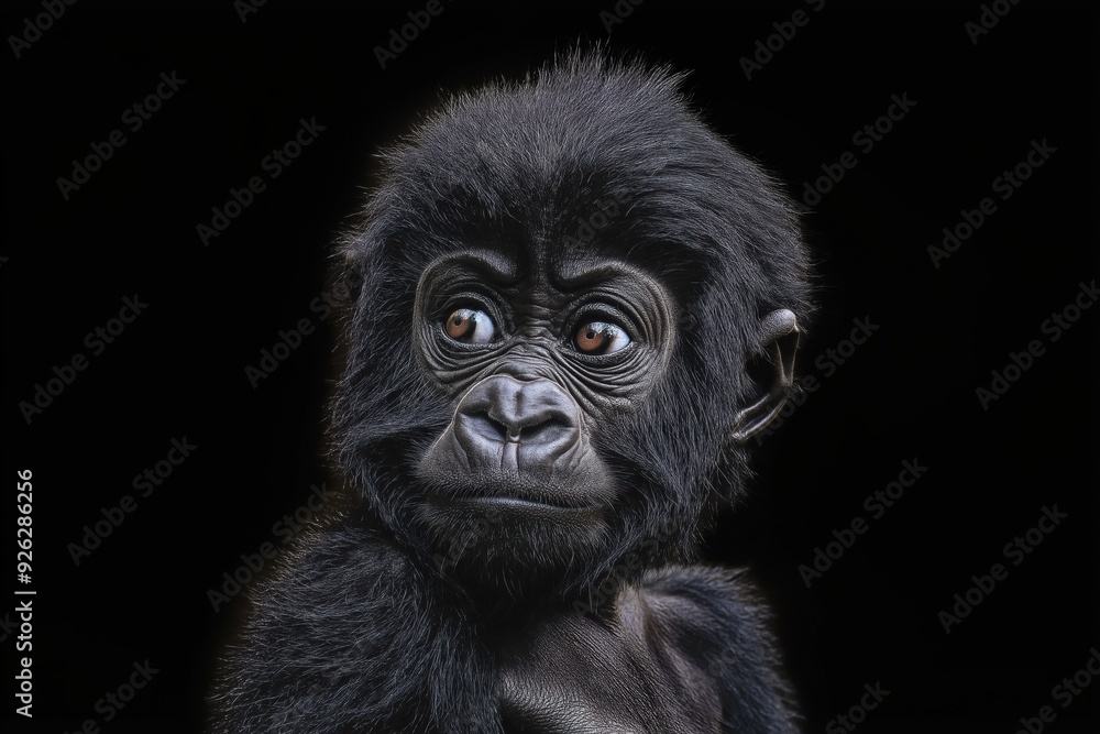 Obraz premium Photo of a baby gorilla isolated against a black background, emphasising the baby gorilla's majestic features. Wildlife and conservation concept, space for copy.