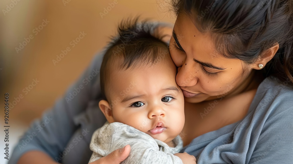 Tender Embrace Loving Young Mother Cradles Her Adorable Newborn Baby Close, Sharing a Sweet Moment. Tender Embrace Loving Young Mother Cradles Her Adorable Newborn Baby Close, Sharing a Sweet Moment.