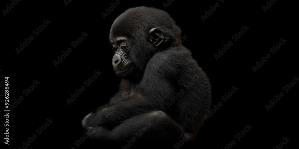 Photo of a baby gorilla isolated against a black background, emphasising the baby gorilla's majestic features. Wildlife and conservation concept, space for copy. Photo of a baby gorilla isolated against a black background, emphasising the baby gorilla's majestic features. Wildlife and conservation concept, space for copy.