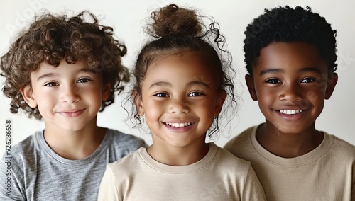 Three children smiling, diverse backgrounds.