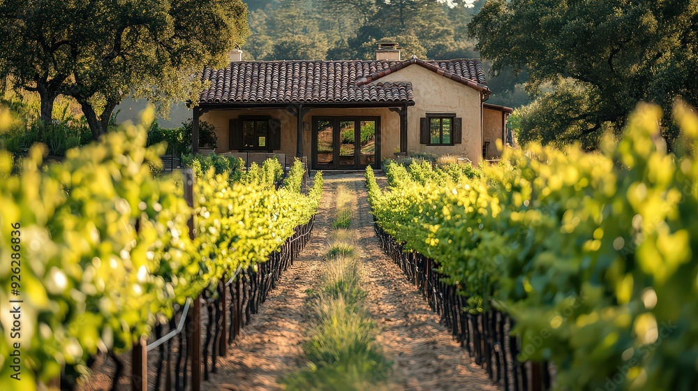 beautiful vineyard in the countryside, with rows of grapevines and a rustic tasting room. beautiful vineyard in the countryside, with rows of grapevines and a rustic tasting room.