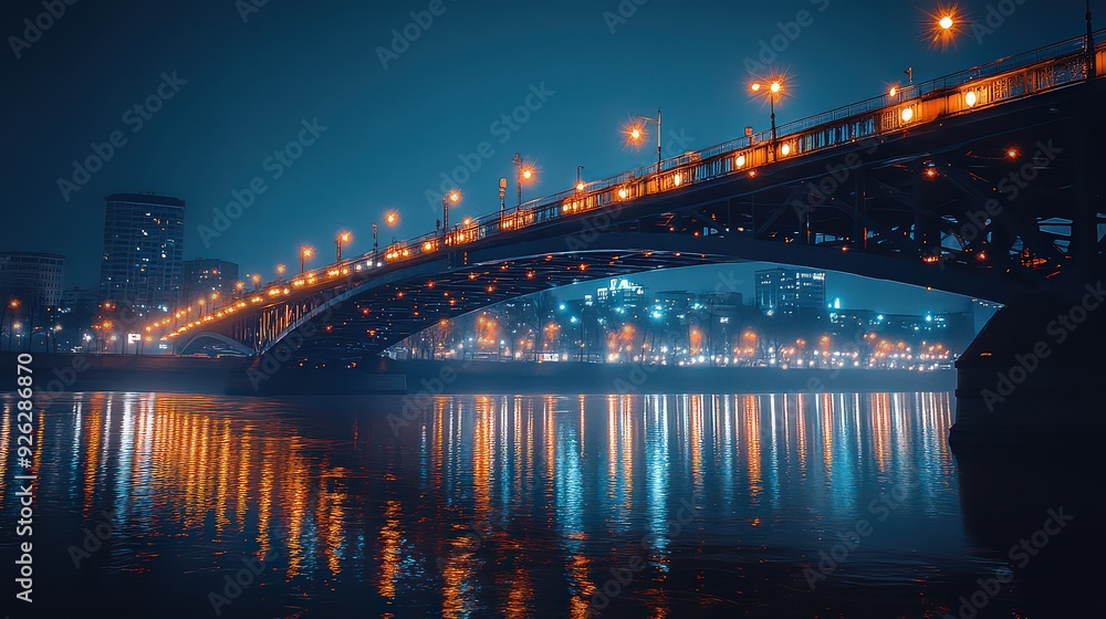 A lit-up bridge stretching across a river at night, with reflections of lights in the water below. A lit-up bridge stretching across a river at night, with reflections of lights in the water below.