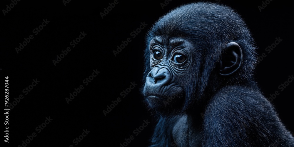 Obraz premium Photo of a baby gorilla isolated against a black background, emphasising the baby gorilla's majestic features. Wildlife and conservation concept, space for copy.