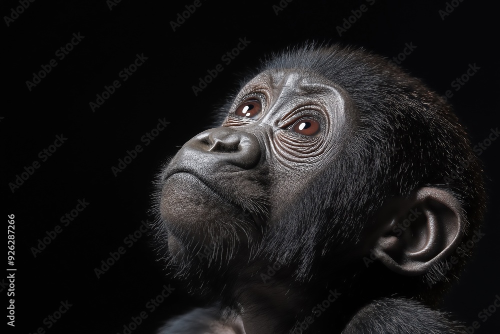 Photo of a baby gorilla isolated against a black background, emphasising the baby gorilla's majestic features. Wildlife and conservation concept, space for copy. Photo of a baby gorilla isolated against a black background, emphasising the baby gorilla's majestic features. Wildlife and conservation concept, space for copy.