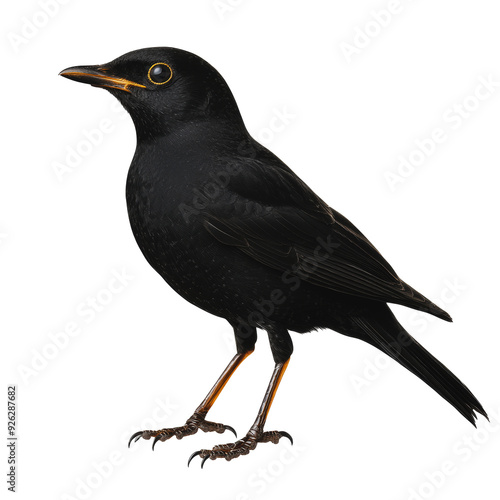 PNG A black bird standing upright showcasing its glossy plumage and striking yellow-orange eye in a neutral backdrop