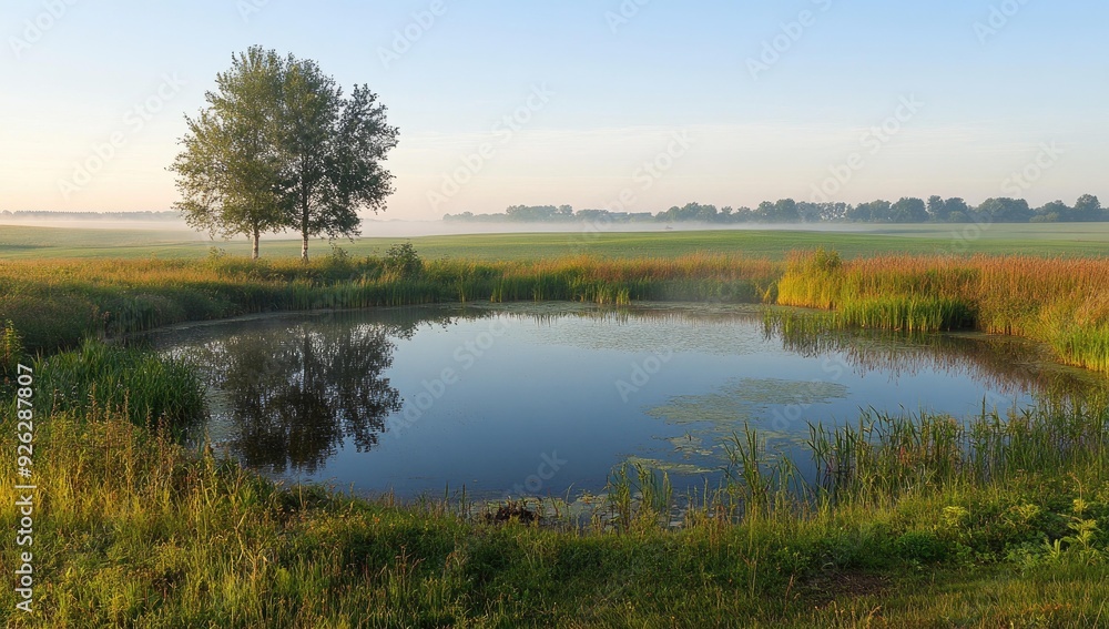 A small pond surrounded by tall green grass. A small pond surrounded by tall green grass.
