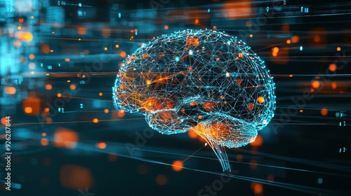 An abstract image of a human brain with interconnected nodes and data streams, symbolizing the integration of big data and technology in cognitive processes