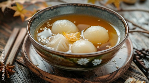 Traditional Sesame Tangyuan Dumplings in Sweet Syrup Soup for Winter Solstice Festival Feast on Wooden Table Background