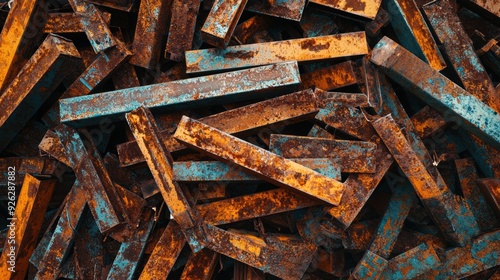 A pile of rusty metal pieces with some blue and orange pieces