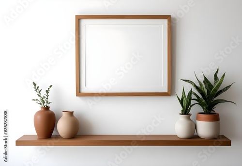 A wooden frame on a white wall with a shelf below it, decorated with various ceramic vases and plants.