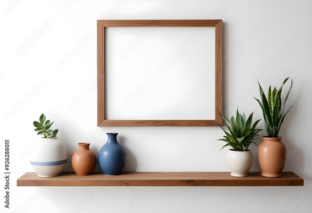 A wooden frame on a white wall with a shelf below it, decorated with various ceramic vases and plants. A wooden frame on a white wall with a shelf below it, decorated with various ceramic vases and plants.