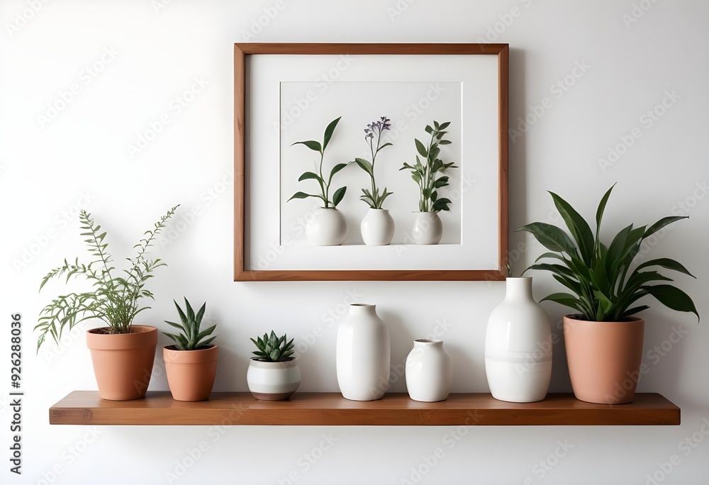 Fototapeta premium A wooden frame on a white wall with a shelf below it, decorated with various ceramic vases and plants.
