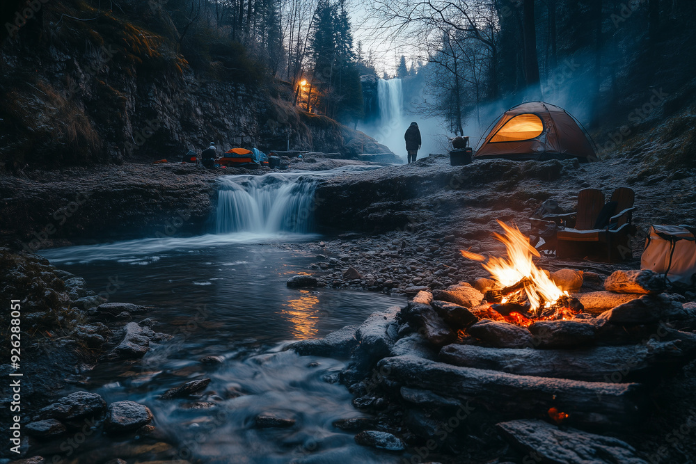 Yellow tent in the forest near river with campfire at dawn and foggy view, Recreation activity concept.
Yellow tent in the forest near river with campfire at dawn and foggy view, Recreation activity concept.