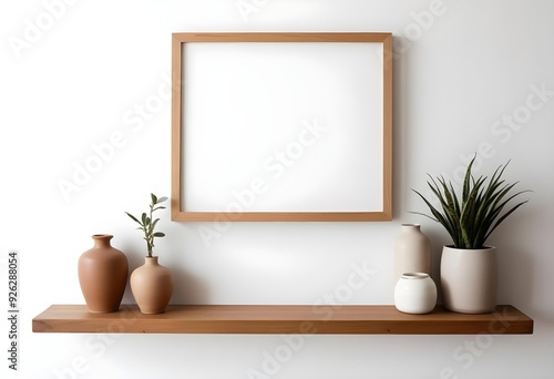 A wooden frame on a white wall with a shelf below it, decorated with various ceramic vases and plants.