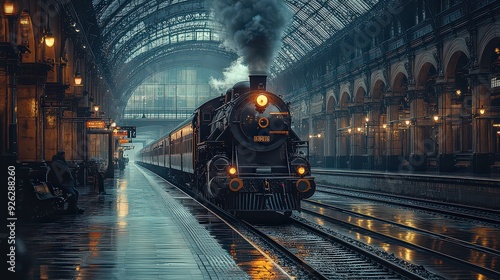 Ahistoric train station with vintage trains, ornate architecture, and passengers waiting on the platform