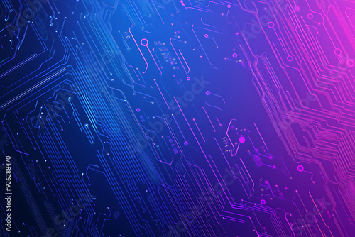 Futuristic vector illustration of an abstract circuit board with neon blue and purple gradients, showcasing intricate digital patterns and tech elements