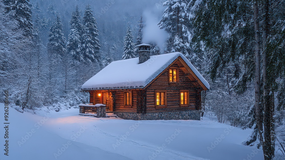 warm, inviting cabin in the snow, with smoke curling from the chimney and a light on inside warm, inviting cabin in the snow, with smoke curling from the chimney and a light on inside