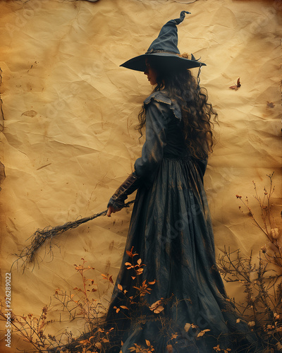 Halloween witch with broom. scary.  Halloween witch silhouette. Witch wearing a pointed hat, dark dress, mysterious. Space for text.
