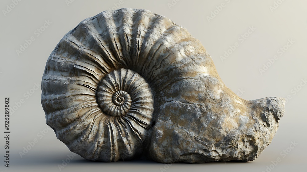 A large, fossilized ammonite shell with a detailed spiral pattern in ...