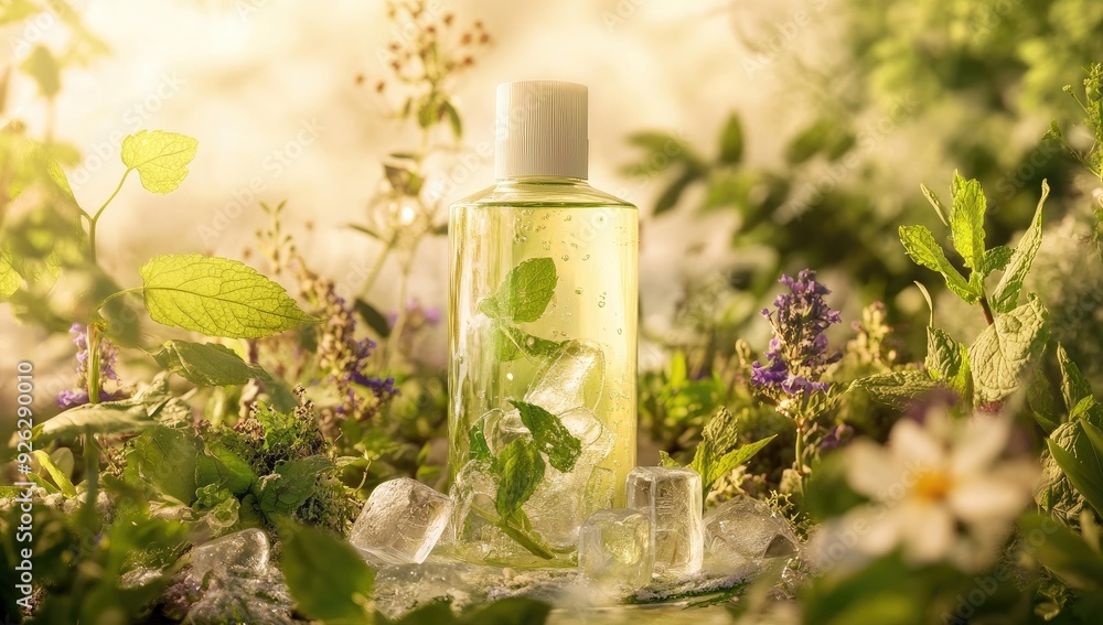 Mint-infused liquid in a bottle with ice cubes. Mint-infused liquid in a bottle with ice cubes.