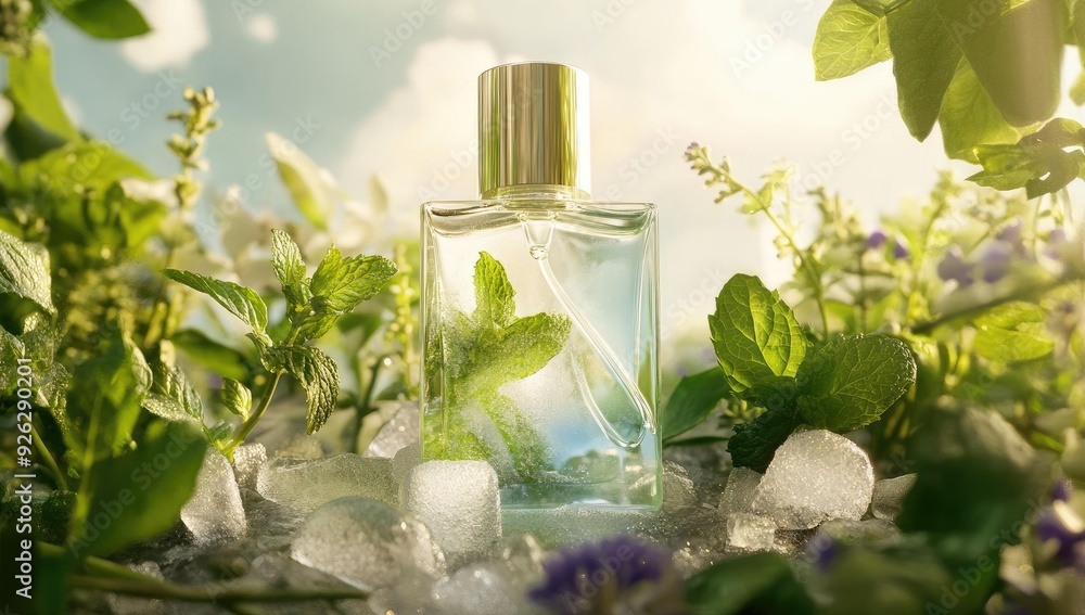 A bottle of perfume surrounded by ice and leaves. A bottle of perfume surrounded by ice and leaves.