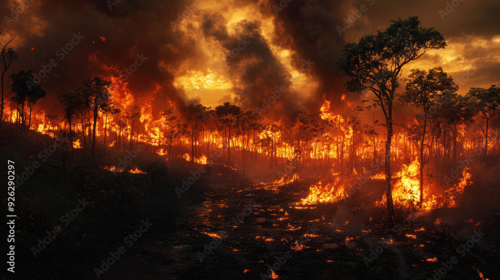 A forest fire is raging through a wooded area A forest fire is raging through a wooded area
