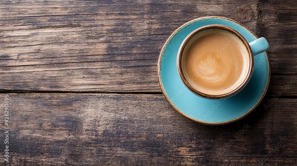 Cozy Morning - Coffee with Milk in Ceramic Blue Cup on Wooden Background with Copy Space, Top View Cozy Morning - Coffee with Milk in Ceramic Blue Cup on Wooden Background with Copy Space, Top View