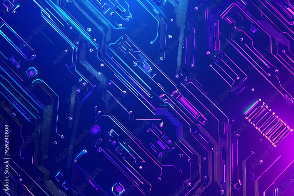 Futuristic vector illustration of an abstract circuit board with neon blue and purple gradients, showcasing intricate digital patterns and tech elements Futuristic vector illustration of an abstract circuit board with neon blue and purple gradients, showcasing intricate digital patterns and tech elements