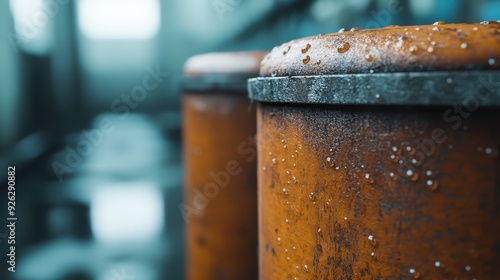 A close-up of an orange barrel displaying rust and water droplets, revealing an intriguing texture filled with worn patina, suggesting disuse and environmental impact.