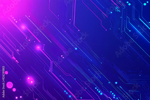 Futuristic vector illustration of an abstract circuit board with neon blue and purple gradients, showcasing intricate digital patterns and tech elements