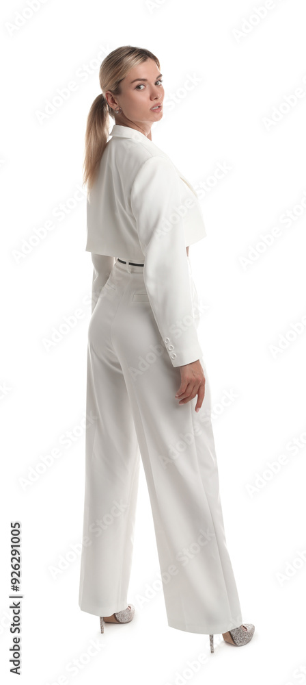 Beautiful woman in stylish suit on white background Beautiful woman in stylish suit on white background