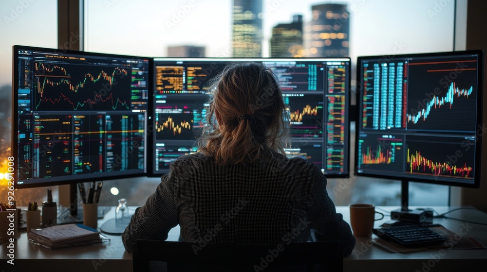 Professional female trader analyzing financial data on multiple high-resolution monitors, with a large office window revealing a vibrant cityscape and blue sky outside Professional female trader analyzing financial data on multiple high-resolution monitors, with a large office window revealing a vibrant cityscape and blue sky outside