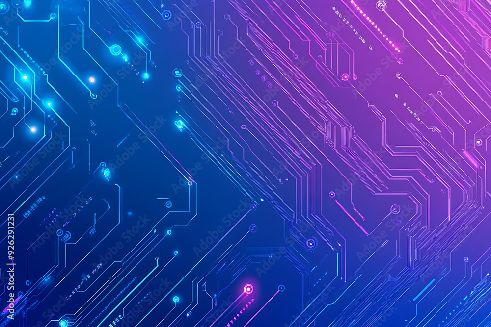 Futuristic vector illustration of an abstract circuit board with neon blue and purple gradients, showcasing intricate digital patterns and tech elements Futuristic vector illustration of an abstract circuit board with neon blue and purple gradients, showcasing intricate digital patterns and tech elements