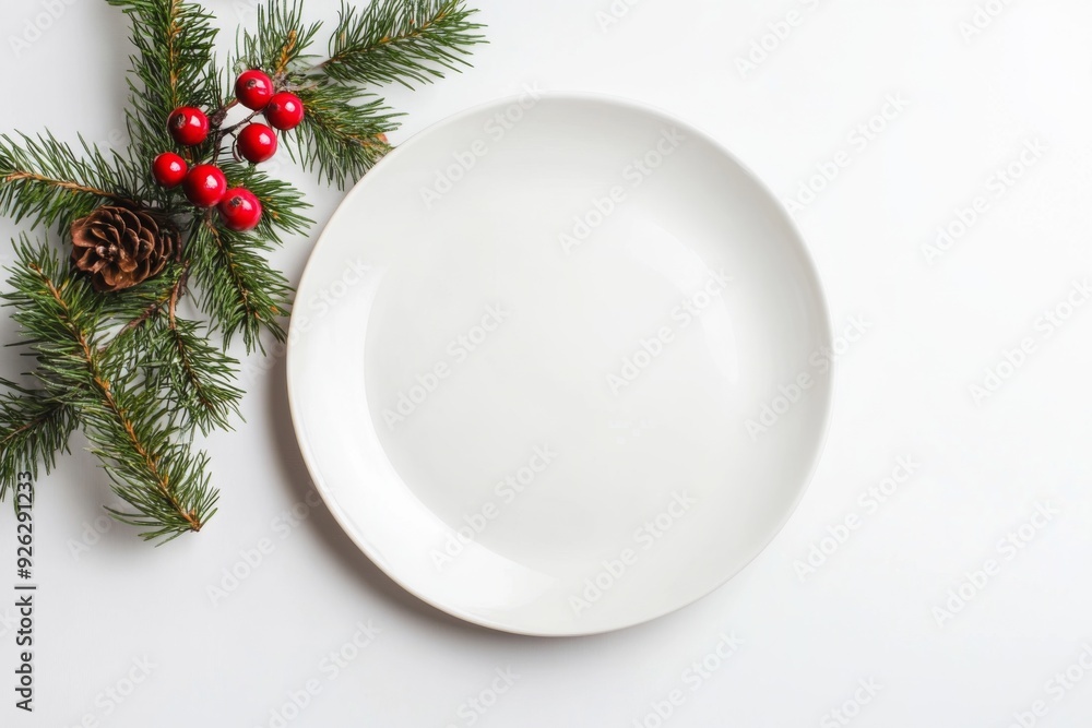 White plate with red Christmas decorations and pine branches White plate with red Christmas decorations and pine branches