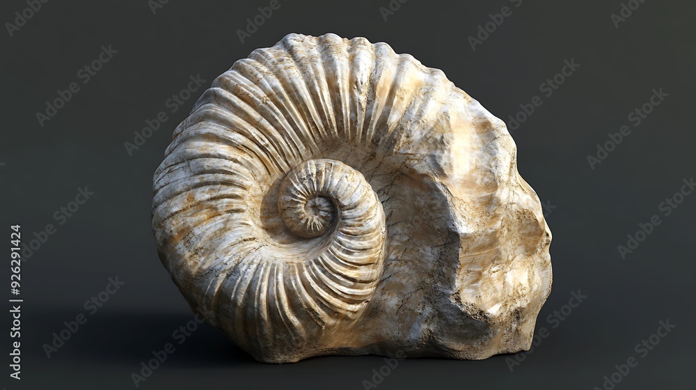 A large, fossilized ammonite shell with a swirling, spiral pattern, set against a dark background. A large, fossilized ammonite shell with a swirling, spiral pattern, set against a dark background.
