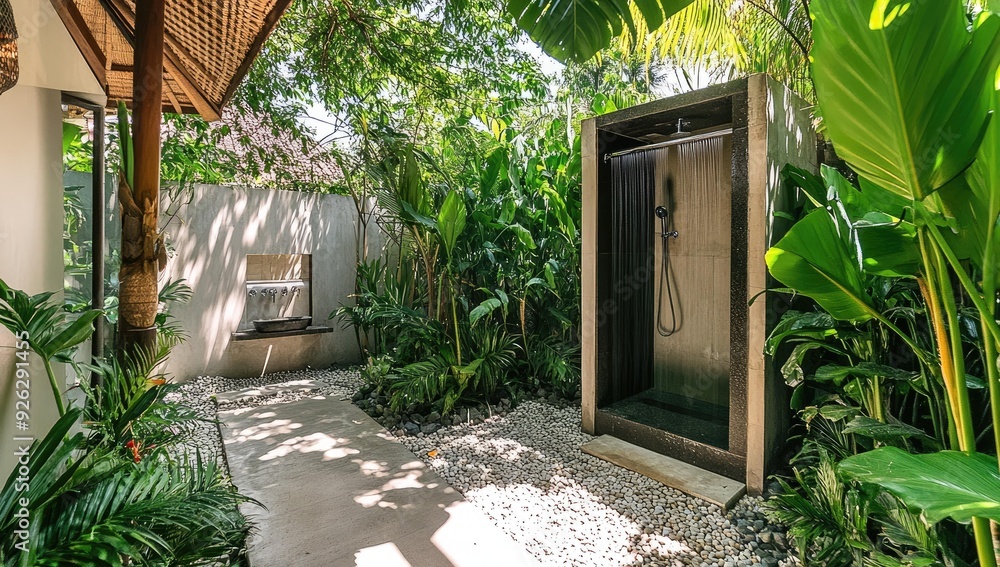 Outdoor shower surrounded by tropical plants. Outdoor shower surrounded by tropical plants.